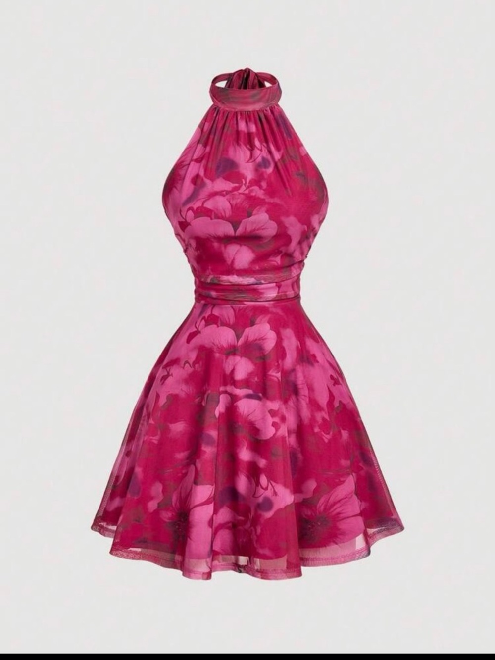 Halter Floral Fit-and-Flare Dress in Fuchsia Pink